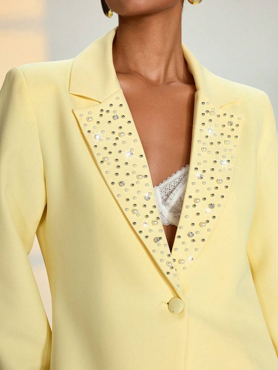 EURMUSE Áo blazer nữ tay dài màu trơn, cổ áo rách, trang nhã, đính ngọc trai giả. - Màu vàng - Xem 1