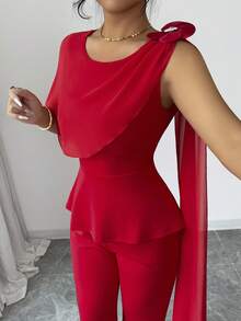 Rafferiza Bộ đồ nữ thanh lịch gồm áo không tay ôm sát và quần ống đứng bằng vải chiffon mỏng họa tiết hoa 3D, thích hợp cho mùa xuân/hè. - Đỏ - Xem 6