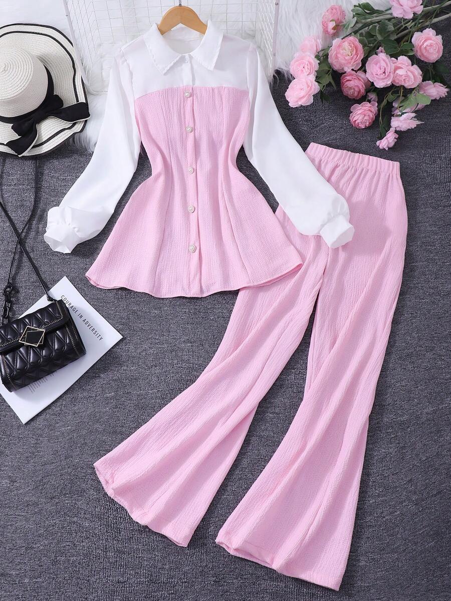 2pcs/Set 13-16 Years Old Teens Fashion Casual British Style Lapel Patchwork White Long Sleeve Shirt + Straight Leg Pants Outfit, All Season - Pink - View 1