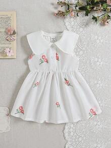 SHEIN 女婴休闲花卉刺绣无袖连衣裙，夏季 - 白色 - 查看 4