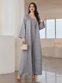 Graceveil 女士阿拉伯风格连体裤，带纹理覆层 - 灰色 - 查看 5