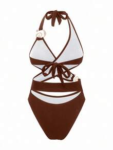 Swim SXY 女士纯色粗肩带金色点缀交叉露背连体泳衣 - 咖啡棕 - 查看 4