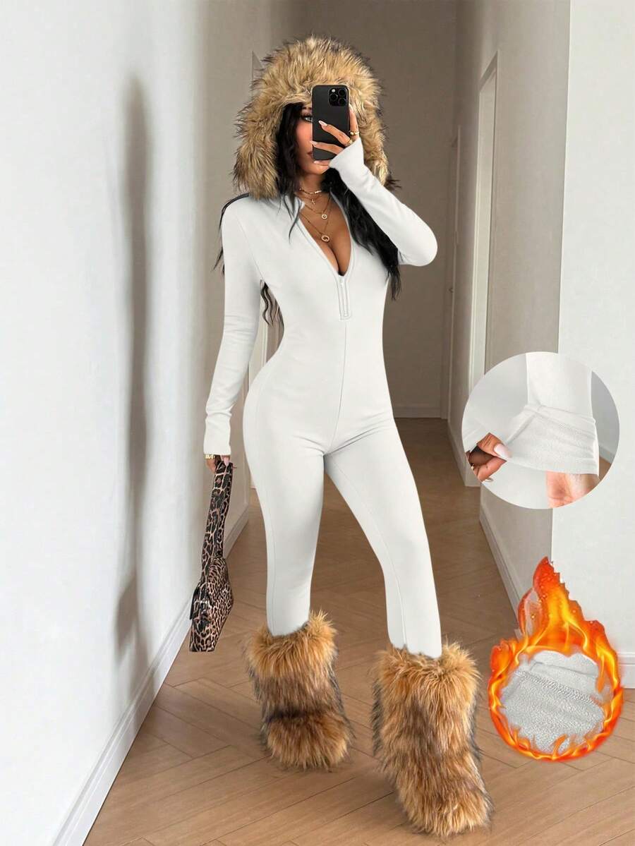 StreetHx Streetwear Women's Thermal Lined Slim Fit Long Sleeve Jumpsuit, Autumn/Winter - White - View 1