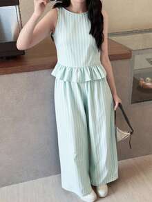 SHEIN Teen Girls' Casual Striped Sleeveless Top With Wooden Buttons And Straight Leg Pants Set, Spring/Summer Vacation Outfit - Green - View 1