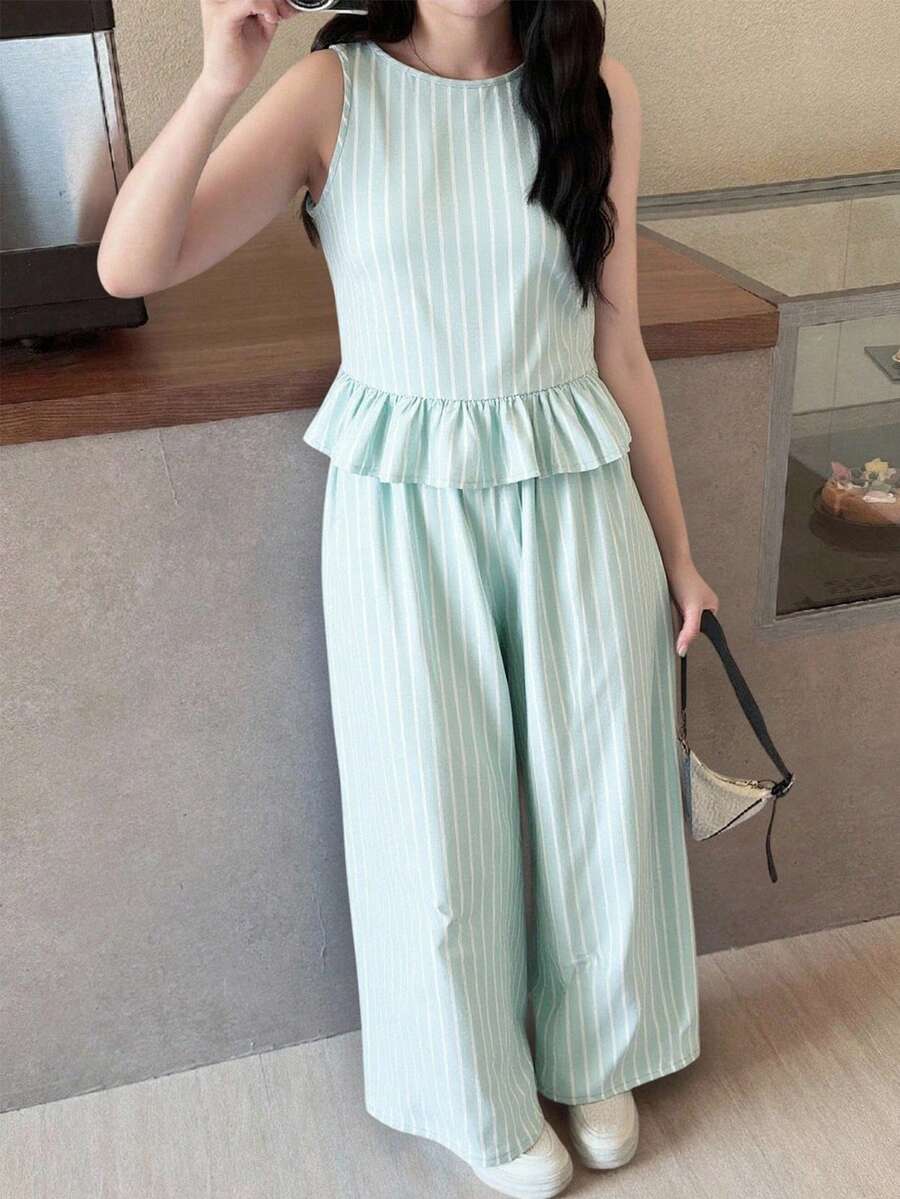 SHEIN Teen Girls' Casual Striped Sleeveless Top With Wooden Buttons And Straight Leg Pants Set, Spring/Summer Vacation Outfit - Green - View 1