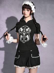 ROMWE Goth 深色藤蔓、猫、蝙蝠翅膀、鸟笼女孩剪影连帽衫，带猫耳朵紧身T恤 - 黑色 - 查看 3