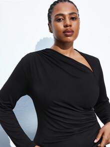 Maija 加大码黑色高领长袖修身舒适T恤，复古女款，老钱教师风格，浪漫、时尚、百搭；舒适、有型、优雅、休闲、简约日常穿搭、必备单品、纯色、假日休闲、得体、单身女士、优雅时尚商务休闲女式外出上衣 - 黑色 - 查看 5