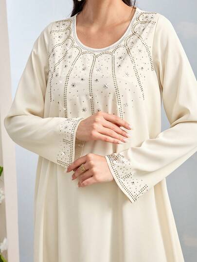 Al Najma Women's Rhinestone Decor Round Neck Long Sleeve Elegant Arabic Style Dress