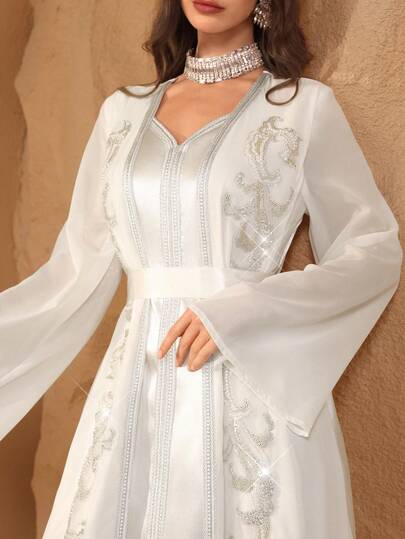 Al Najma Elegant Satin Solid Color Ribbon Decor Faux Pearl Embroidery Waist Belt Kaftan Dress For Party