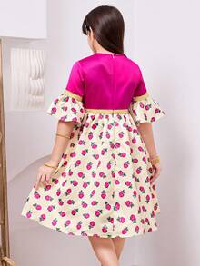 Tween Girl Pink Floral Autumn Elegant Party Dress,Round Neck Gold Ribbon Contrast Burgundy Rose Modest Arabic Traditional Clothing Abaya Patchwork - Multicolor - View 4