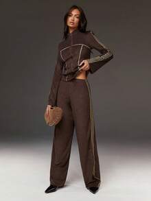 Athîral Pantalones casuales de mujer con diseño de bordado de rayas de contraste - Multicolor - Ver 3