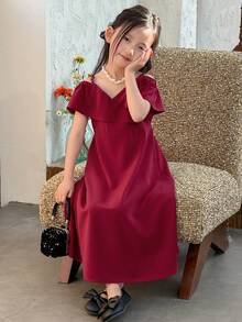 DAZY Young Girl' Ruffle Trim Solid Color Party Birthday Casual Summer Dress - Burgundy - View 7