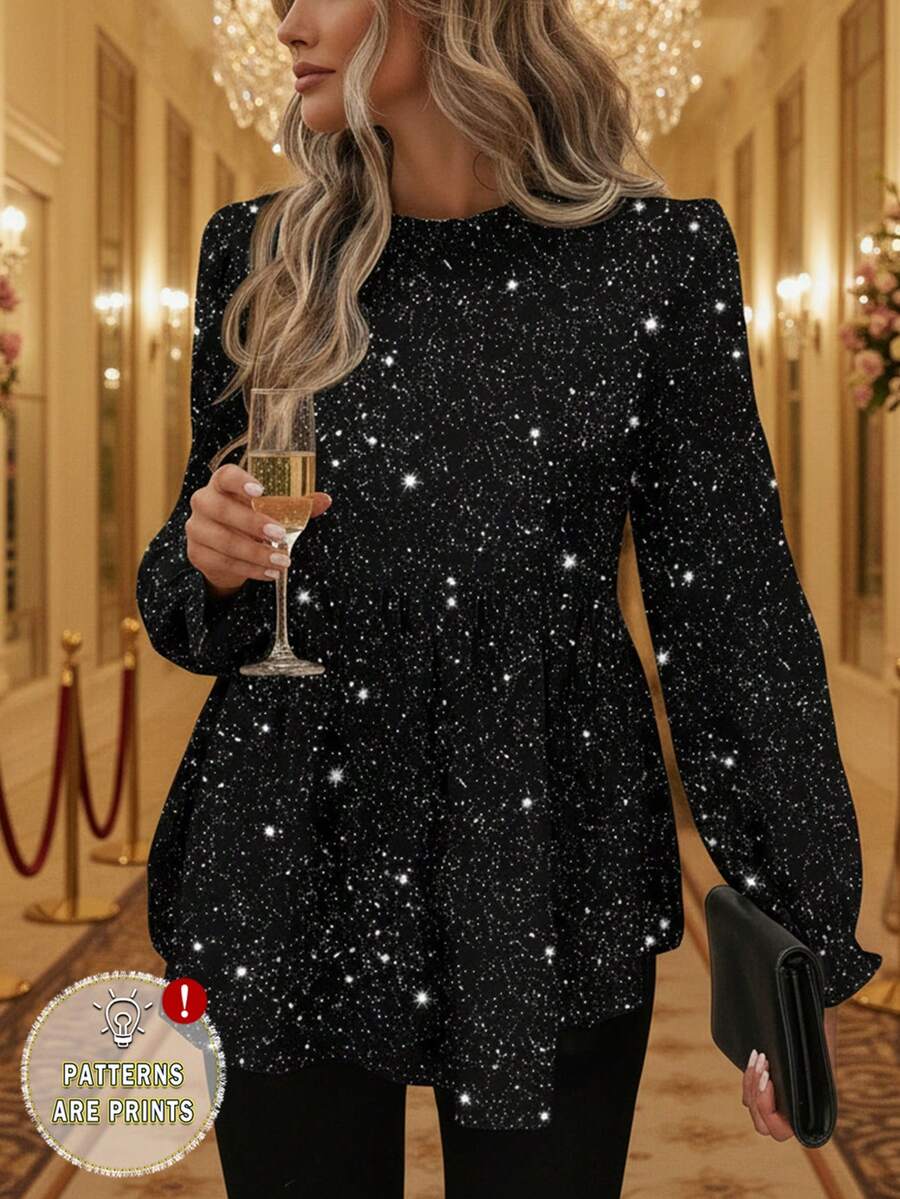SHEIN LUNE 女士休闲秋冬基本款宽松娃娃衫长袖衬衫，星光印花，非常适合夜总会、派对、新年庆祝活动、约会和新年派对。 - 彩色 - 查看 1