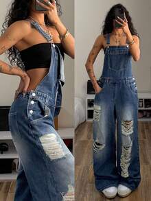 StreetHx 女士休闲水洗做旧牛仔背带裤 - 藍色 - 查看 1