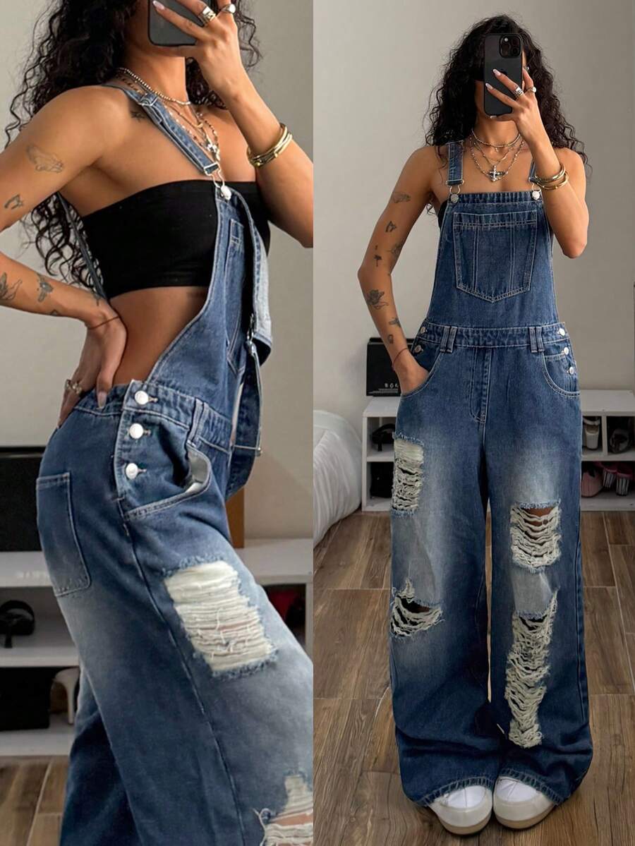 StreetHx 女士休闲水洗做旧牛仔背带裤 - 藍色 - 查看 1