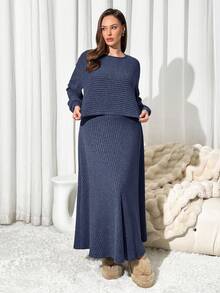 Auralis Setelan Rok Dua Potong Rajut Rib Warna Biru Tua Ukuran Plus yang Stylish, Atasan Lengan Panjang Raglan dengan Leher Bulat dan Bagian Atas Sepanjang Pergelangan Tangan, Pakaian Kasual - Navy Blue - View 6