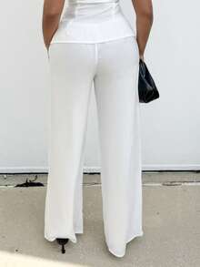 Alexandranx 抽绳腰部亚麻外观褶边阔腿休闲裤伊比沙岛性感度假春夏节日沙滩装浪漫优雅生日婚礼宾客机场秋季秋季冬季办公室 - 白色 - 查看 3
