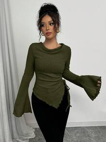 Selianne Women's Asymmetrical Hem Drawstring T-Shirt With Flare Sleeves, Ribbed Collar, Autumn/Winter - Army Green - View 5