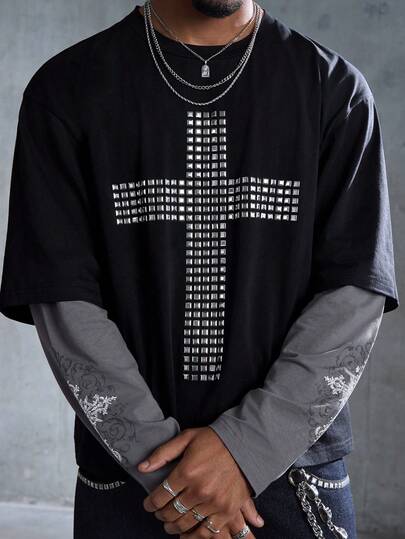 Street Life Men's Contrast Color Faux Two-Piece Long Sleeve T-Shirt With Silver Cross & Rhinestone Decor