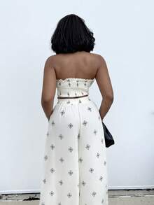 Alexandranx 女式度假撞色印花优雅休闲弹力修身褶皱上衣阔腿裤套装抹胸和裤子套装女式夏装女式两件套度假装女士度假两件套波西米亚风女装 - 米色 - 查看 2