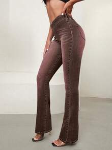 SHEIN Essnce 交叉腰带喇叭裤腿撞色修身时尚牛仔裤 - 咖啡棕 - 查看 5