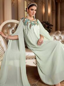 Al Najma Women's Elegant Sequin Decorated Poncho Sleeve Turkish Maxi Dress,Arabic Traditional Abaya Kaftan Jalabiya,Luxury Evening Wedding Party Sage Dresses - Green - View 8