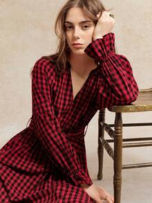 EMERY ROSE 女士红色格子系带极简连衣裙，秋冬款 - 棕色 - 查看 2