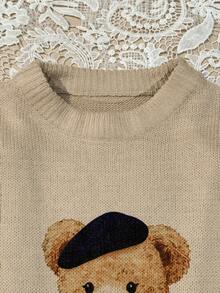SHEIN EZwear Women's Brown Bear Sweater, Khaki Color Is Super Flattering! Suitable For Autumn/Winter,Fall - Multicolor - View 4
