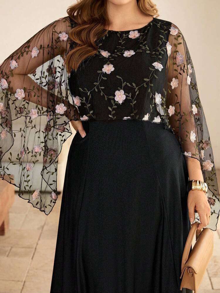 Flirla Elegant Plus Size Long Dress With Embroidered Cloak Sleeves And Pleated Hem - Pink - View 4