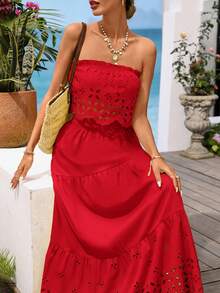 Vivid Eden 女士度假休闲纯色镂空抹胸上衣和半裙两件套 - 紅色 - 查看 8