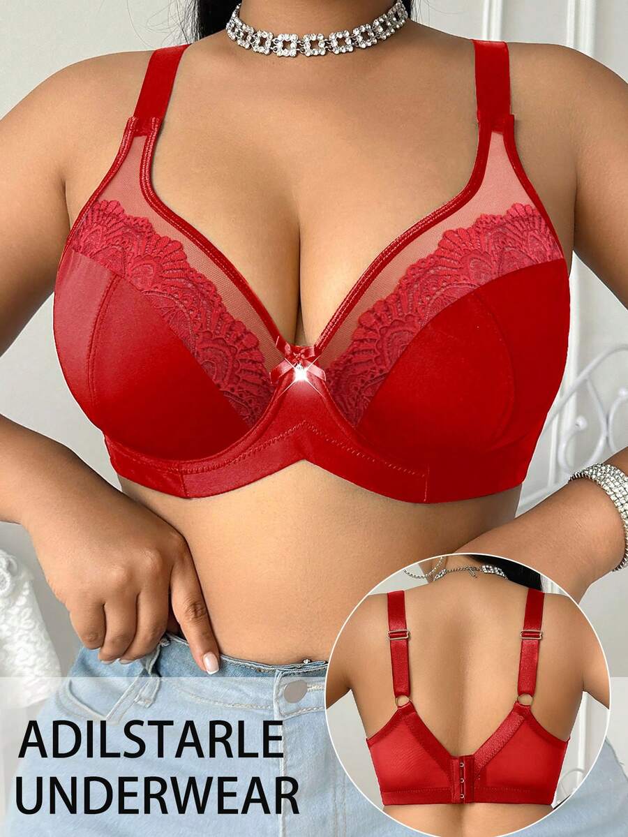 DesireSculpt 1 pieza Sujetador con aros y parches de encaje para tallas grandes - Rojo - Ver 1