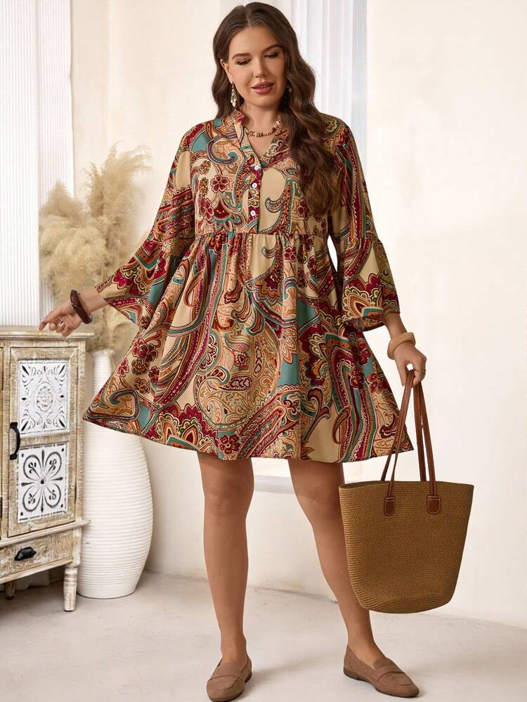 Plus Size Women's Fall/Early Spring Casual Fashion Vacation 3/4 Sleeve Paisley Print Retro Short Dress, Paisley Dress, Boho Dress, Tunic Dresses,Flowy Dress,Going Out Outfits,2026 New Clothes,Simple And Fashionable For Everyday Wear,Early Spring,Vacation Outfits Women ,Holiday Outfits For Women,Spring Outfit Women,Valentine's Day ,Valentine Outfits For Women , Boho Dress Women, Paisley Print Dress,