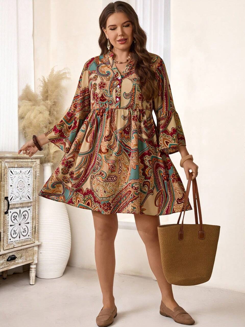 Plus Size Women's Fall/Early Spring Casual Fashion Vacation 3/4 Sleeve Paisley Print Retro Short Dress, Paisley Dress, Boho Dress, Tunic Dresses,Flowy Dress,Going Out Outfits,2026 New Clothes,Simple And Fashionable For Everyday Wear,Early Spring,Vacation Outfits Women ,Holiday Outfits For Women,Spring Outfit Women,Valentine's Day ,Valentine Outfits For Women , Boho Dress Women, Paisley Print Dress,