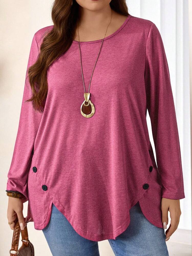 Camiseta rosa asimétrica de manga larga con botones para mujer de talla grande, ideal para vacaciones, fiestas, San Valentín y uso diario en primavera temprana