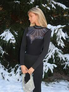 Sydney Algeri 女士优雅闪亮水钻正面透明长袖高领短款女士紧身连身衣 - 黑色 - 查看 6