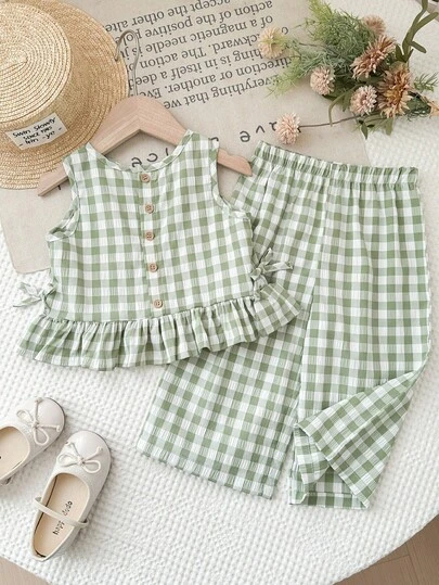 LMoss Kids Conjunto de camiseta de tirantes y pantalones con volantes a cuadros para bebé niña