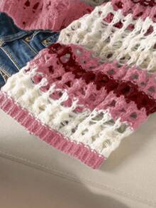 CosyJoli 大码休闲蓝白条纹镂空船领宽松短款长袖毛衣 - 紅色 - 查看 4