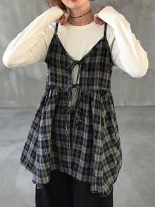 FRIFUL 女士休闲格子不对称下摆系带吊带背心