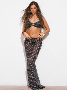 Avantive 2026 度假休闲沙滩复古波点印花半透明纱笼 - 黑色 - 查看 1