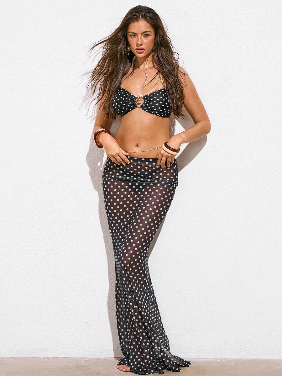 Avantive 2026 度假休闲沙滩复古波点印花半透明纱笼 - 黑色 - 查看 1