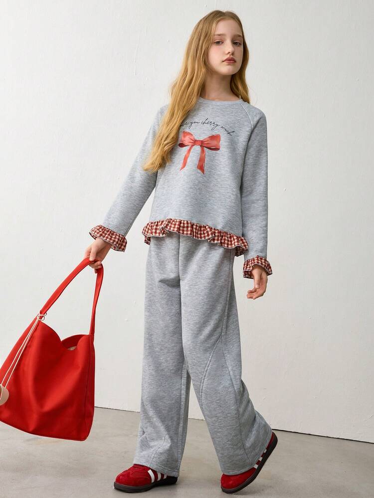 SHEIN 2026春夏新款少女时尚蝴蝶结印花长袖上衣，拼接格子面料设计，舒适休闲长袖上衣搭配阔腿裤两件套 - 淺灰色 - 查看 5