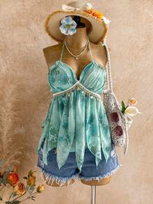 Soleia Áo đi biển cho nữ, kỳ nghỉ hè, áo nữ in hoa, phối họa tiết vỏ sò, cổ yếm, thích hợp cho kỳ nghỉ. - Nhiều màu - Xem 6