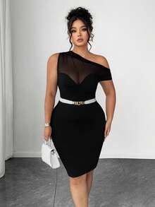 Elenzga Gaun Bodycon Seksi Wanita Ukuran Plus dengan Kerah Asimetris dan Patchwork Jala - Hitam - View 6