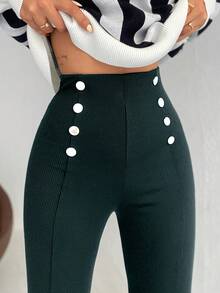 EURMUSE Fashionable & Versatile High Waist Leggings With Decorative Buttons, Suitable For Commuting - Dark Green - View 3