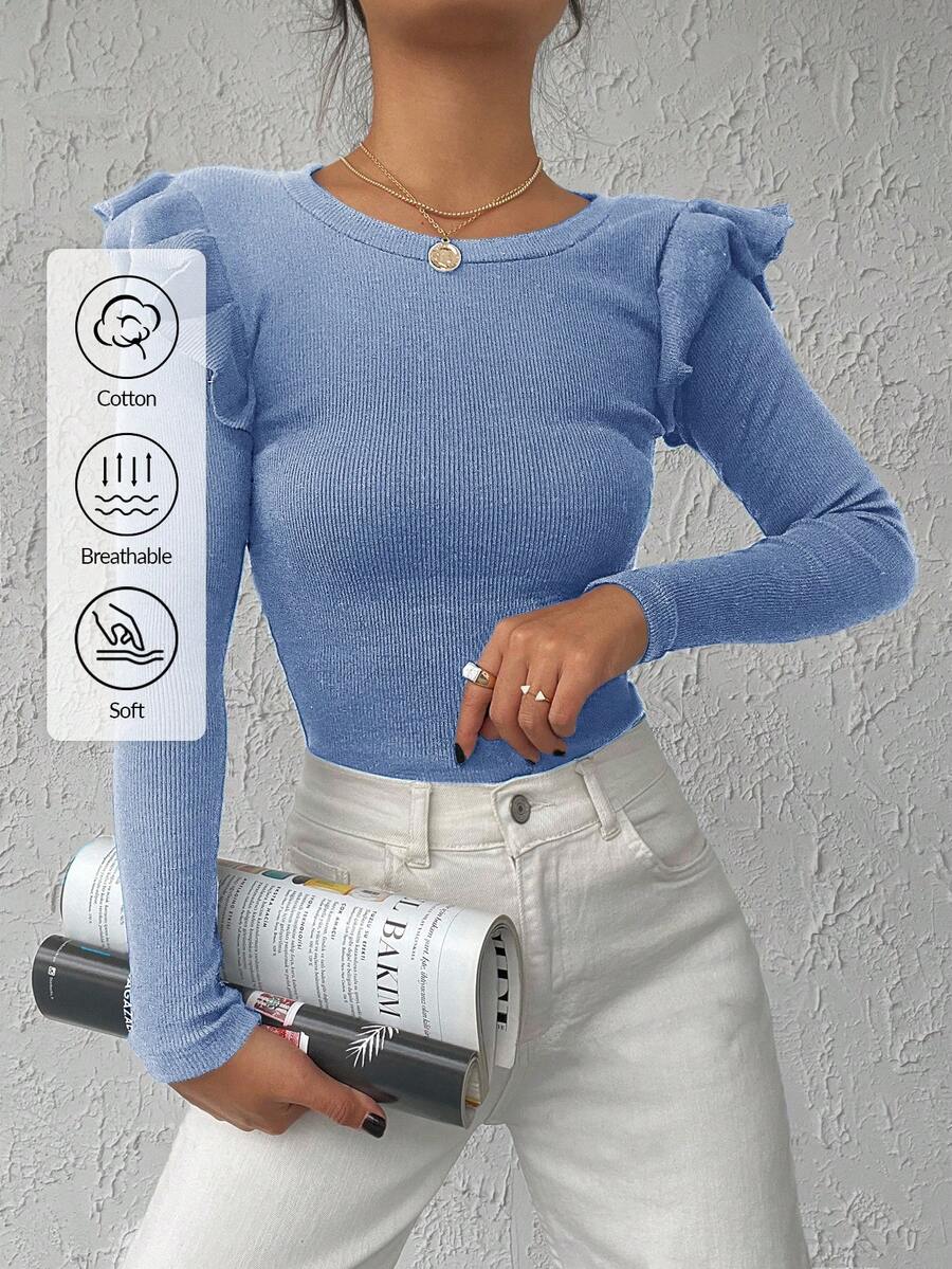 EURMUSE 95% Cotton Ribbed Knit Ruffle Trim Tee - Baby Blue - View 1