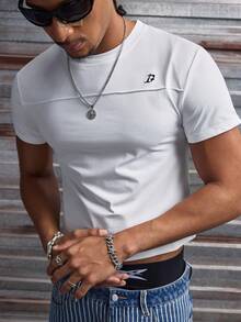 AXEPEAK 男士休闲宽松圆领T恤，白色，带刺绣贴片，夏季款 - 白色 - 查看 1