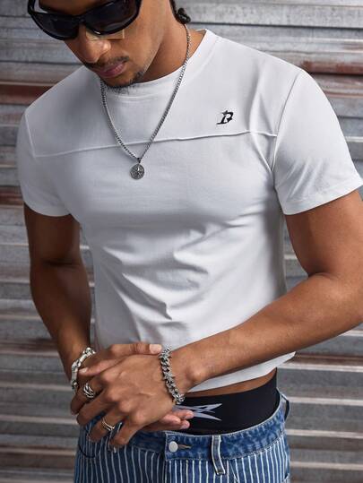 AXEPEAK 男士休闲宽松圆领T恤，白色，带刺绣贴片，夏季款