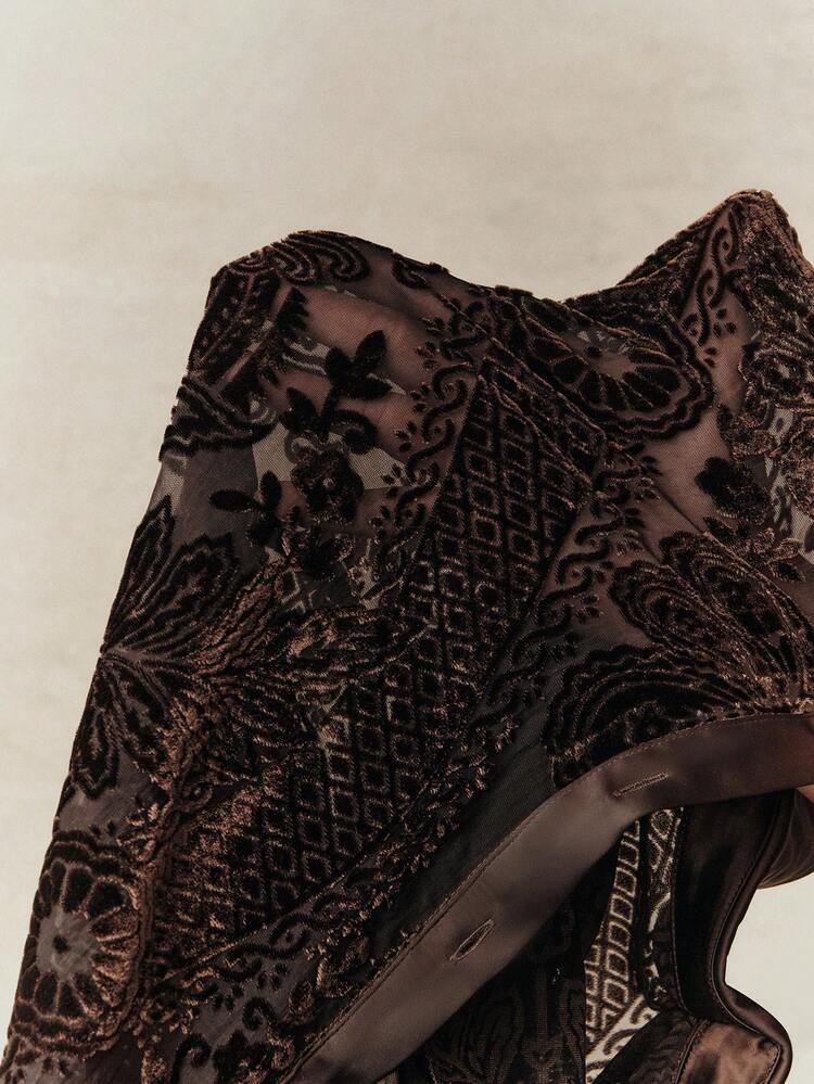 Valentine Plus Size Women Velvet Burnout Design Loose Retro Casual Shirt, Suitable For Autumn, Fall, Winter, Going Out, Elegant, Formal, Chic, New Year, Christmas, Graduation, Wedding, Business