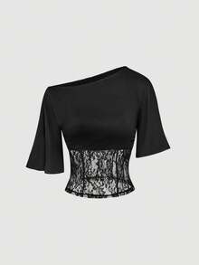 SHEIN MOD Áo nữ màu trơn phối ren, kiểu dáng bất đối xứng vai, thích hợp cho lễ hội, đi biển, mặc hàng ngày, phong cách Boho, Y2K, đi chơi, kiểu miền Tây, áo ren đen, áo dự tiệc, đi biển, thời trang đường phố, phong cách đồng quê, áo vintage, mùa xuân/hè, áo hai kiểu, áo đen, áo gợi cảm, lễ tình nhân, mùa xuân, kỳ nghỉ hè, áo đi chơi, áo Y2K. - màu đen - Xem 8