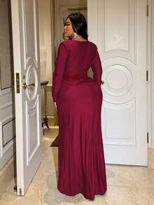 NU&NOW 大码女士复古优雅深V领长袖修身连衣裙 - 紅色 - 查看 7